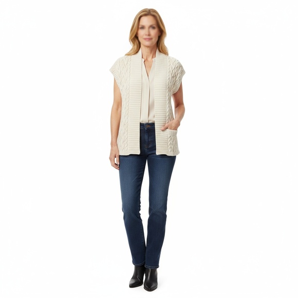 TALBOTS Cardigan Womens Size M Petite Cream Cable Knit Open Front Short Sleeve - Picture 1 of 7